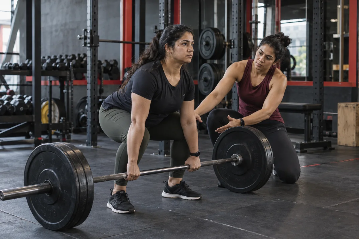 Indian strength coach guiding a member through a deadlift