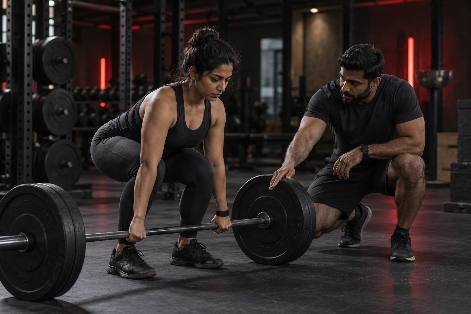 Strength coach guiding a first barbell setup