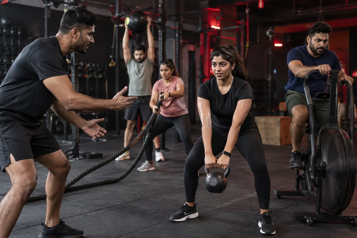 Indian members working through a coached conditioning class
